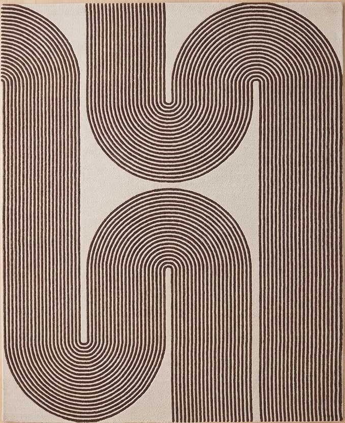 Modern Handmade Wool Area Rug, Abstract Curved Line Geometric Indoor Carpet for Living Room Bedroom, Contemporary Tufted Rug with Soft Pile and Cotton Backing (Cocoa Brown, 6' x 9')