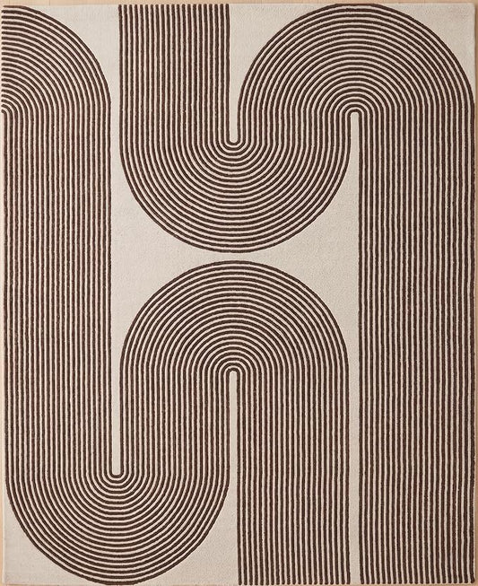 Modern Handmade Wool Area Rug, Abstract Curved Line Geometric Indoor Carpet for Living Room Bedroom, Contemporary Tufted Rug with Soft Pile and Cotton Backing (Cocoa Brown, 6' x 9')