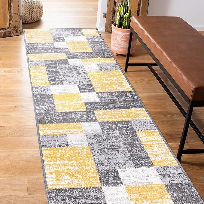 Rugshop Oslo Modern Yellow Runner Rug, Geometric Box Design, Fade-Resistant Carpet for Hallway or Kitchen, 2' x 7'