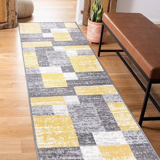 Rugshop Oslo Modern Yellow Runner Rug, Geometric Box Design, Fade-Resistant Carpet for Hallway or Kitchen, 2' x 7'