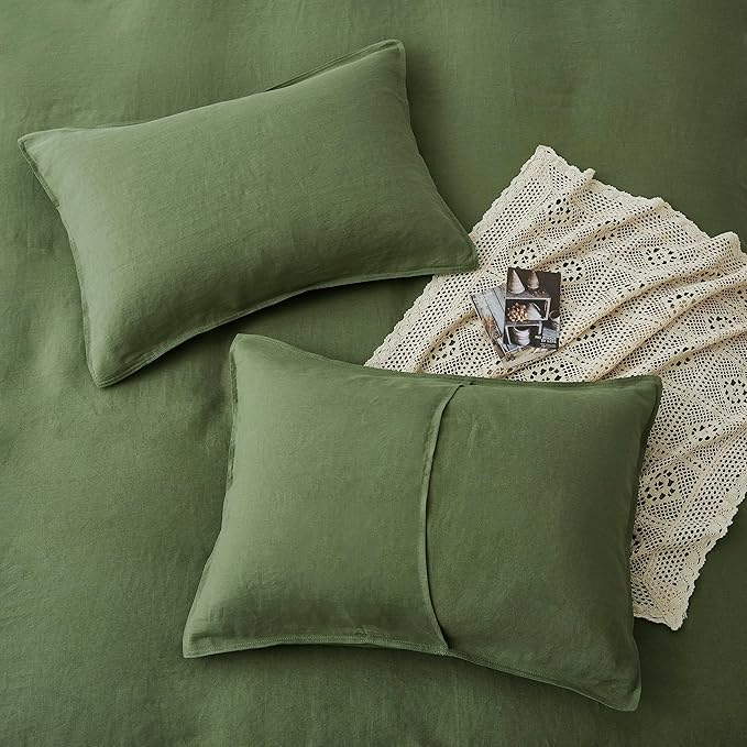 ATLINIA 100% Flax Linen Duvet Cover Set - Stone Washed Pure French Linen Organic Fabric for Farmhouse Comforter Boho Bedding Included 1 Duvet Cover 2 Pillow Shams(Green, California King)