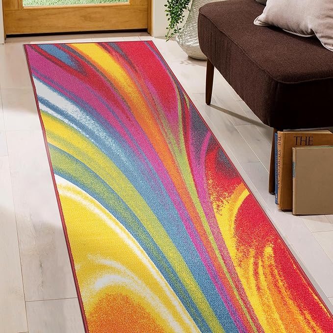 Rugshop Multi Waves Non Slip Modern Abstract Runner Rug Fade Resistant for Hallway, Entryway and Kitchen, 2' x 10'