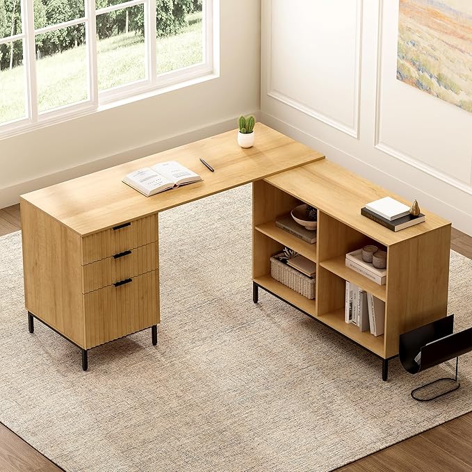 60" L Shaped Fluted Desk, Computer Desk with Movable Storage Cabinet Home Office Desk with 3 Drawers Metal Legs Corner Desk for Gaming Study, Natural Oak