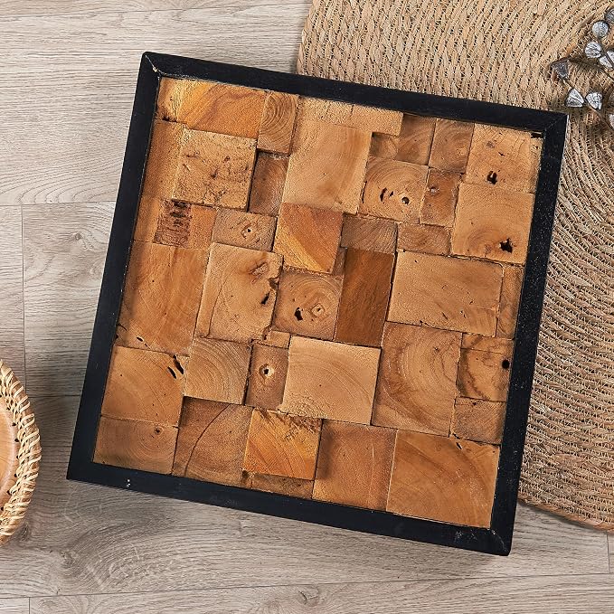 Warmaxx Rustic Teak Wood Framed Wall Decor Aesthetic 17''x17 Farmhouse Geometric Block Wall Art Christmas Decoration Home Living Room Bedroom Office Handmade Square Wooden Slatted Collage