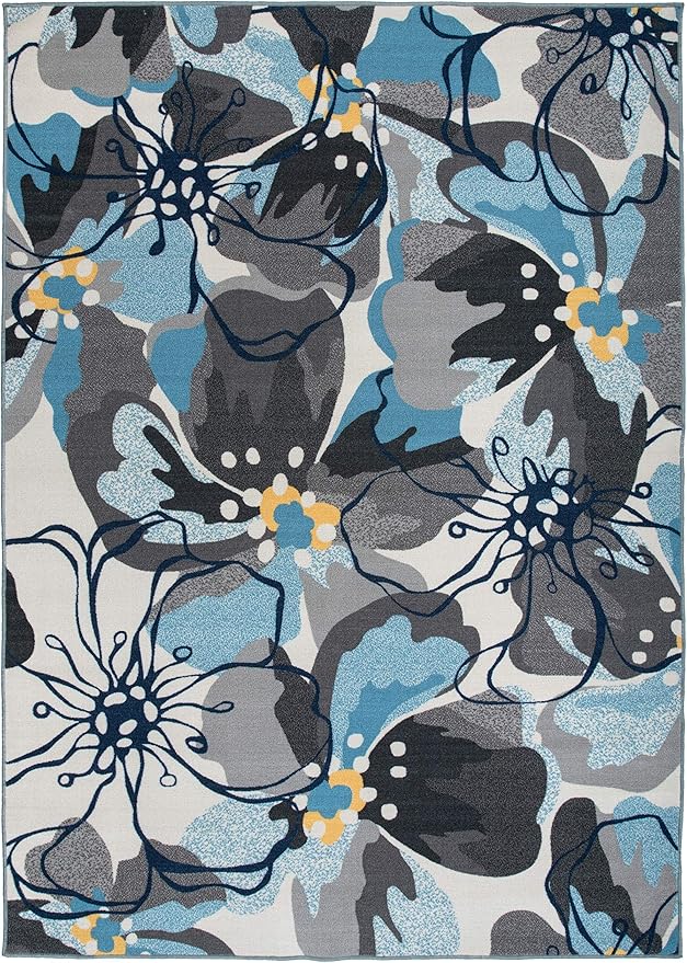 Modern Large Floral Non-Slip (Non-Skid) Area Rug 8 x 10 (7' 10" x 10') Gray-Blue