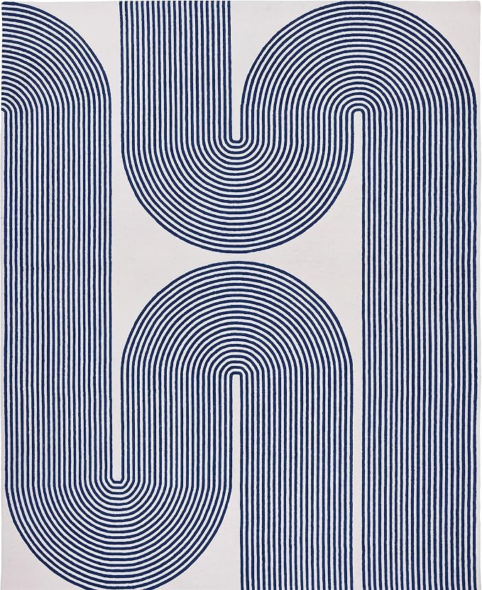 Modern Handmade Wool Area Rug, Abstract Curved Line Geometric Indoor Carpet for Living Room Bedroom, Contemporary Tufted Rug with Soft Pile and Cotton Backing (Royal Blue, 8' x 12')