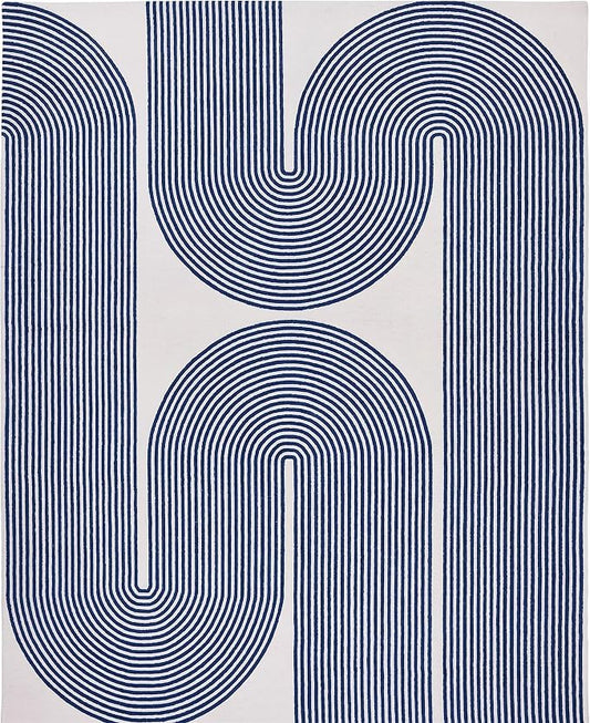 Modern Handmade Wool Area Rug, Abstract Curved Line Geometric Indoor Carpet for Living Room Bedroom, Contemporary Tufted Rug with Soft Pile and Cotton Backing (Royal Blue, 5' x 8')