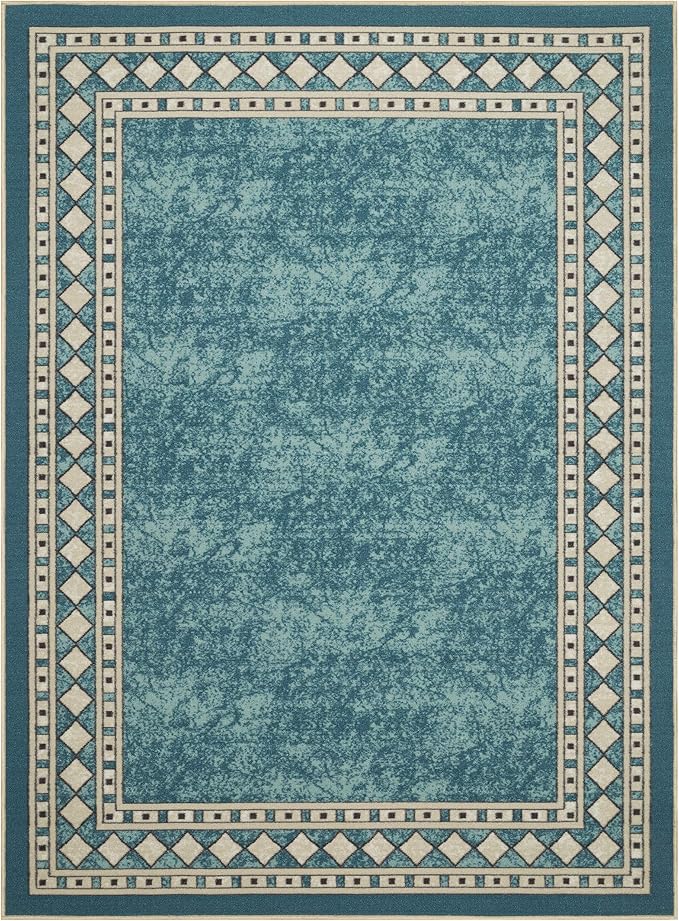 Antep Rugs Alfombras Modern Bordered 4x6 Non-Skid (Non-Slip) Low Profile Pile Rubber Backing Indoor Area Rugs (Blue, 4' x 5'8")