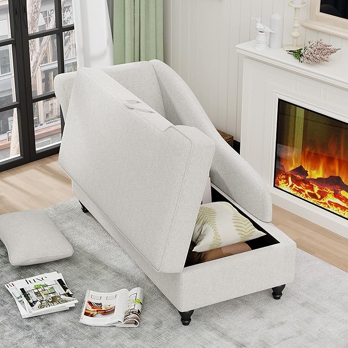 Storage Chaise Lounge Indoor, Linen Upholstered Chaise Lounge Chair with Storage for Bedroom Living Room Office Beige Fabric (Left Armrest)