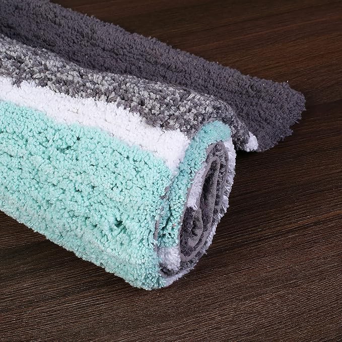 Bathroom Rugs Set 2 Piece Grey/Aqua Luxury Stripe Non-Slip Cotton Bath Mats for Bathroom Floor |Quick Dry Shaggy Carpet for Tub Spa Shower|Living Room Entry Way Door Mats |21x32 & 17x24 Inches