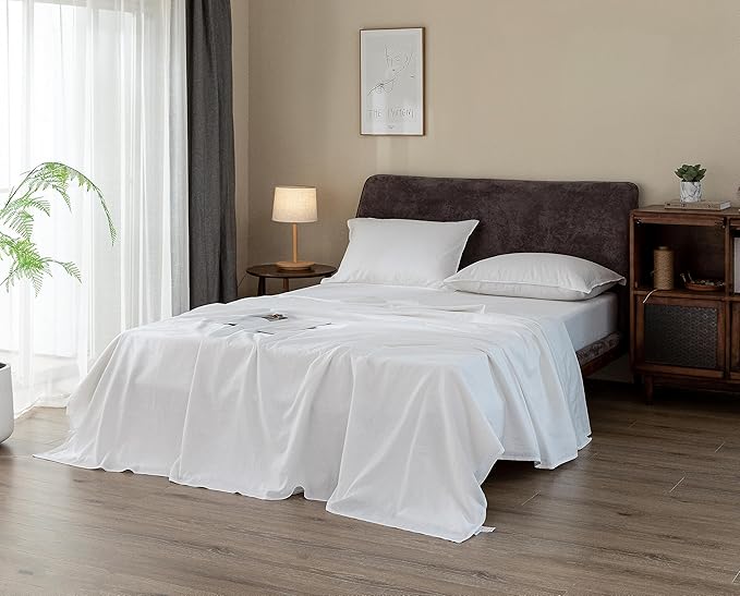 EVERLY Linen Sheets Set Full Size,100% French Stonewash Pure Linen Bed Sheets,4Pieces (1Flat Sheet,1Fitted Sheet,2Pillowcase) Suitable for Hot Sleepers,Deep Pocket Natural Bedding Set-White