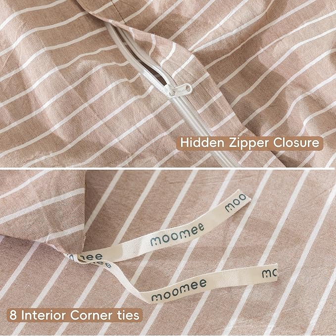 MooMee Striped Duvet Cover Set 100% Washed Cotton Linen Like Textured Breathable Durable Soft Comfy (Orange White Wide Stripes, Oversized Queen 98"x98")