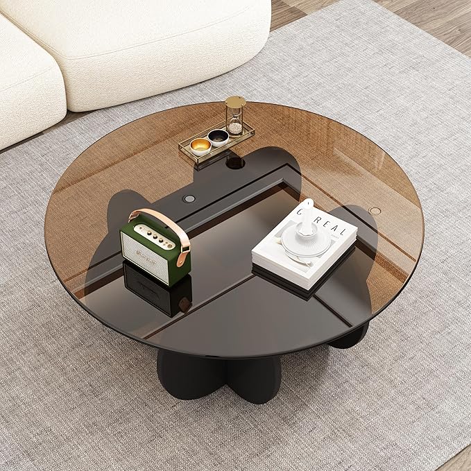 Round Coffee Table, Mid Century Modern Design, 31.5'' Modern Round Tempered Glass Coffee Tables for Living Room, Cocktail Table for Small Space Home Office. (Black + Brown)