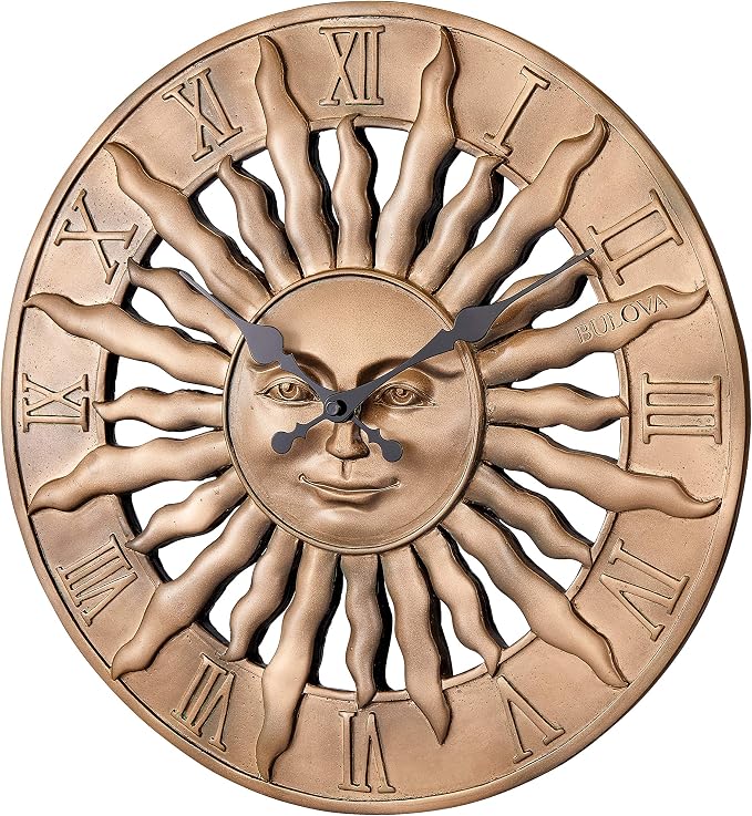 Bulova Sunrise Wall Clock C4860 | 14.3" 3D Sunburst Resin Design with Roman Numerals | Silent Quartz Movement | Battery Operated | Indoor/Outdoor Décor