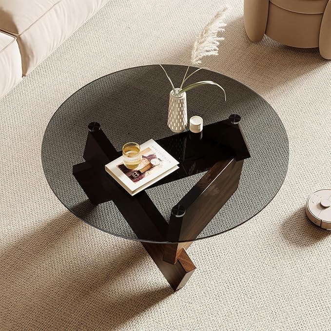 Honyee Modern Round Coffee Table, 30.7" x 30.7" x 16.1" Tempered Glass Top for Living Room, Color: Walnut