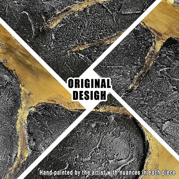 DNIEOTU Abstract Wall Art for Living Room, Black and Gold Hand-Painted Canvas Wall-Decor for Bedroom, 3D Textured Paintings, Size 40 x 20 Inches
