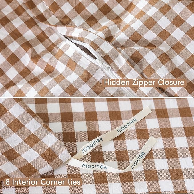 MooMee Gingham Duvet Cover Set 100% Washed Cotton Linen Like Textured Breathable Durable Soft Comfy Modern Checkered Design (Dark Orange Gingham, Super Queen 90"x98")