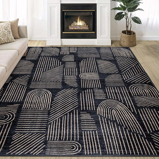 MUJOO 5x7 Washable Area Rug,Mid Century Modern Abstract Non Slip Low Pile Rug,Black and Gold Rug for Living Room Bedroom Dining Room