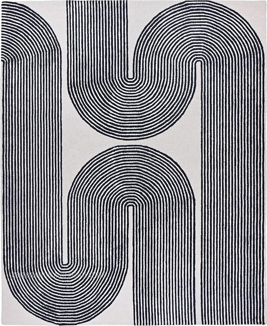 Modern Handmade Wool Area Rug, Abstract Curved Line Geometric Carpet for Living Room Bedroom, Contemporary Tufted Indoor Rug with Soft Pile and Cotton Backing (Ink, 5' x 8')