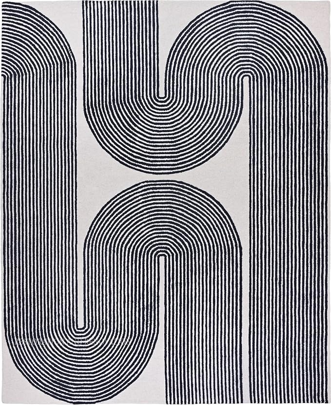 Modern Handmade Wool Area Rug, Abstract Curved Line Geometric Carpet for Living Room Bedroom, Contemporary Tufted Indoor Rug with Soft Pile and Cotton Backing (Ink, 6' x 9')