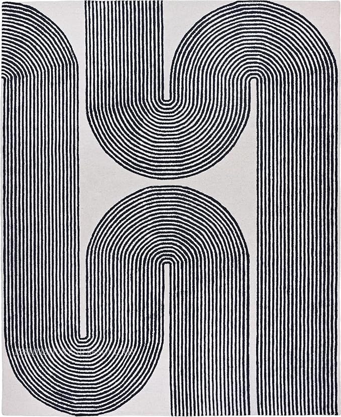 Modern Handmade Wool Area Rug, Abstract Curved Line Geometric Carpet for Living Room Bedroom, Contemporary Tufted Indoor Rug with Soft Pile and Cotton Backing (Ink, 4' x 6')
