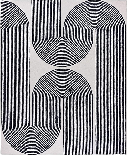 Modern Handmade Wool Area Rug, Abstract Curved Line Geometric Carpet for Living Room Bedroom, Contemporary Tufted Indoor Rug with Soft Pile and Cotton Backing (Ink, 4' x 6')