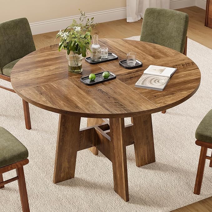 Round Dining Table for 4-6 People, 47” Farmhouse Kitchen Table with Sturdy Legs, Rustic Wooden Circle Dinner Table for Dining Room, Living Room, Honey Brown(Table Only)