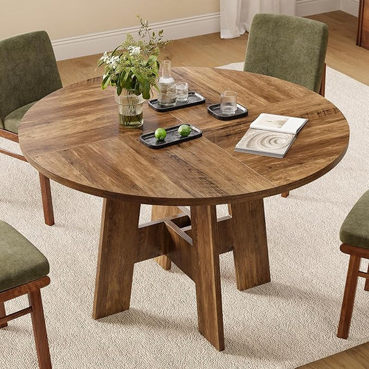 Round Dining Table for 4-6 People, 47” Farmhouse Kitchen Table with Sturdy Legs, Rustic Wooden Circle Dinner Table for Dining Room, Living Room, Honey Brown(Table Only)