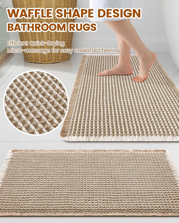 Smiry Waffle Bath Mat 59x20, Extra Soft Absorbent Bathroom Rugs, Non Slip Machine Washable Quick Dry Bath Rugs for Bathroom Floor, Tub, Shower, Home Decor Accessories, Brown & Cream