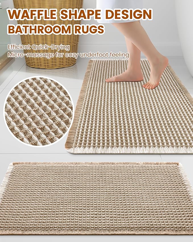 Smiry Waffle Bath Mat 59x35, Extra Soft Absorbent Bathroom Rugs, Non Slip Machine Washable Quick Dry Bath Rugs for Bathroom Floor, Tub, Shower, Home Decor Accessories, Brown & Cream