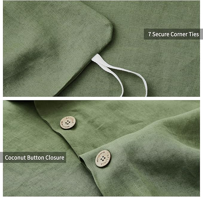 ATLINIA 100% Flax Linen Duvet Cover Set - Stone Washed Pure French Linen Organic Fabric for Farmhouse Comforter Boho Bedding Included 1 Duvet Cover 2 Pillow Shams(Green, King)
