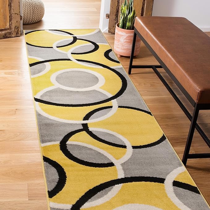 Rugshop Contemporary Abstract Circles Runner Rug, Non-Shedding Carpet for Hallway, Entryway, or Kitchen, Yellow, 2' x 10'