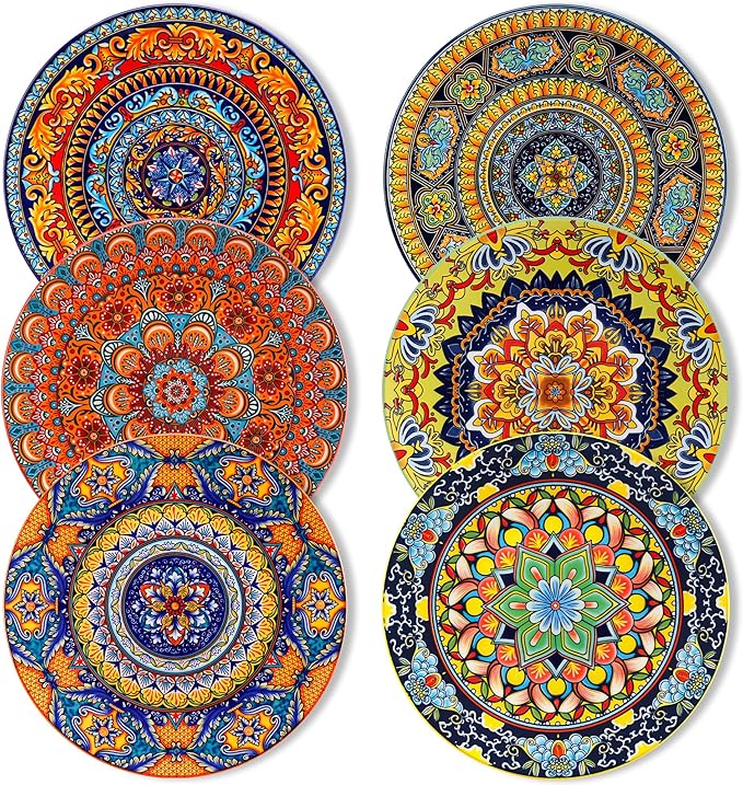 vancasso Colorful Dinner Plates Set of 6, 10.5 Inch Ceramic Kitchen Plates for Dinner, Bohemian Printed Dishes for Dining, Microwave & Dishwasher Safe Plate Set, Series KRVI
