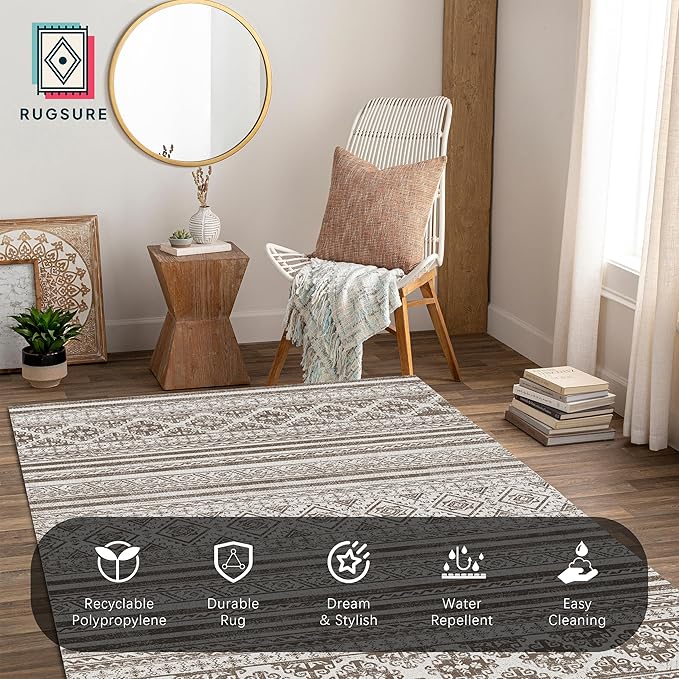 RUGSURE Washable Area Rugs 6' x 9' - 1/6 Thick - Moroccan-Inspired -Stain & Water Resistant Non-Slip - Resistant Rug for Living Room, Bedroom, Nursery, Pet & Child Friendly (Brown)