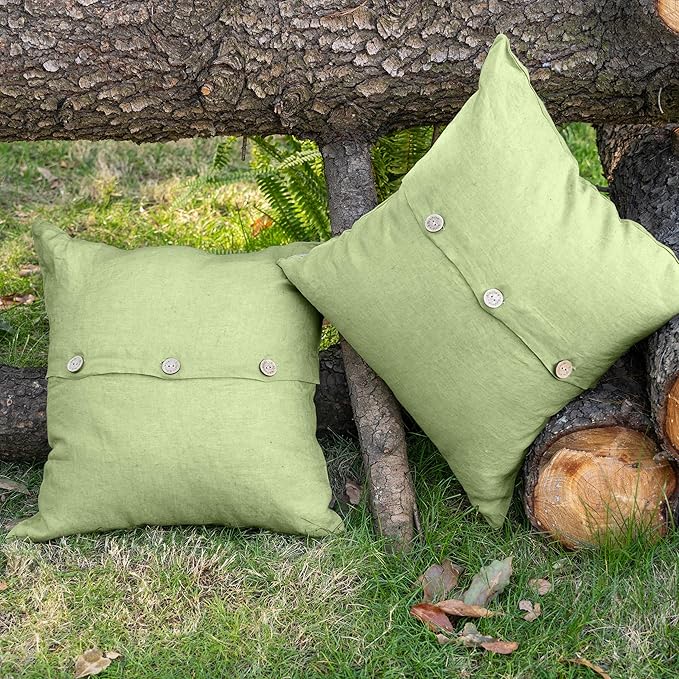 Simple&Opulence Linen Throw Pillow Covers Pack of 2, Triple Coconut Button Vintage Farmhouse Natural Flax Decorative Square Cushion Cover for Sofa Couch Chair - Sage Green, 18'' x 18''