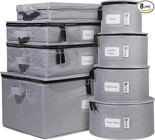 China Storage Hard Shell Containers 8-Piece Set Moving Boxes for Dinnerware, Glasses, Plates, Mugs and Saucers Sturdy Dish Organizer with Dividers for Seasonal Storage - Service for 12 - Gray