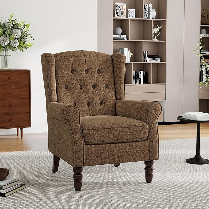 Mid-Century Modern Wingback Chair - Plush Upholstered Accent Armchair with Solid Oak Legs, Ergonomic High Back Lounge Chair for Living Room, Bedroom & Office - Retro Modern Reading Chair Creamy Brown