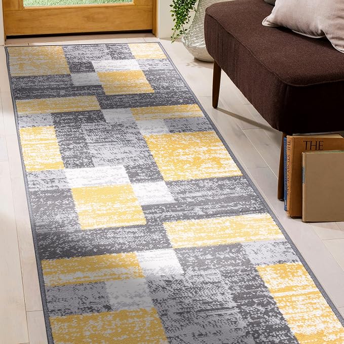 Rugshop Oslo Modern Yellow Runner Rug, Geometric Box Design, Fade-Resistant Carpet for Hallway or Kitchen, 2' x 7'