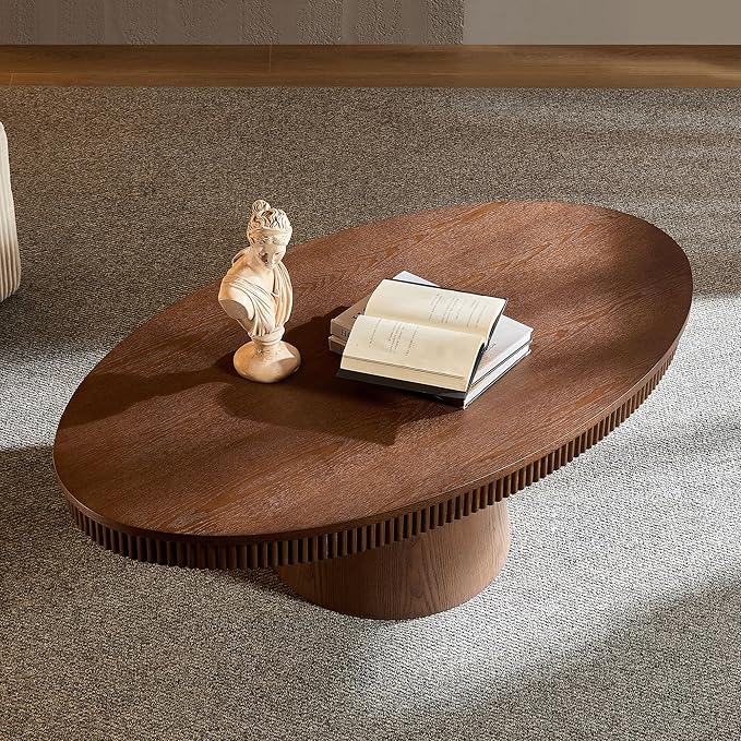 47.24" Oval Coffee Table Modern Handcraft Drum Center Table with Sturdy Pedestal for Living Room Apartment, Walnut