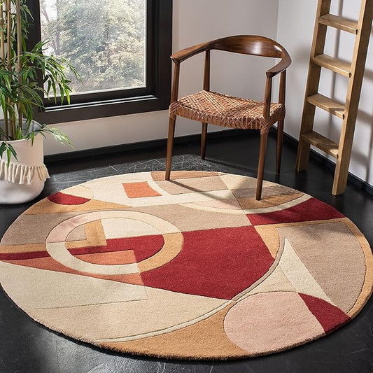 SAFAVIEH Rodeo Drive Collection 4' Round Beige/Multi RD845A Handmade Mid-Century Modern Abstract Premium Wool Entryway Foyer Living Room Bedroom Kitchen Area Rug