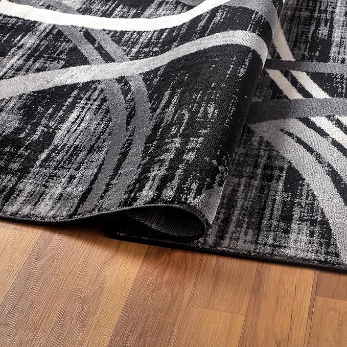 Rugshop Modern Wavy Circles Design Area Rug, Non-Shedding Carpet for Living Room, Primary Bedroom, or Dining Room, Grand Room,Open Spaces Black, 10' x 14'