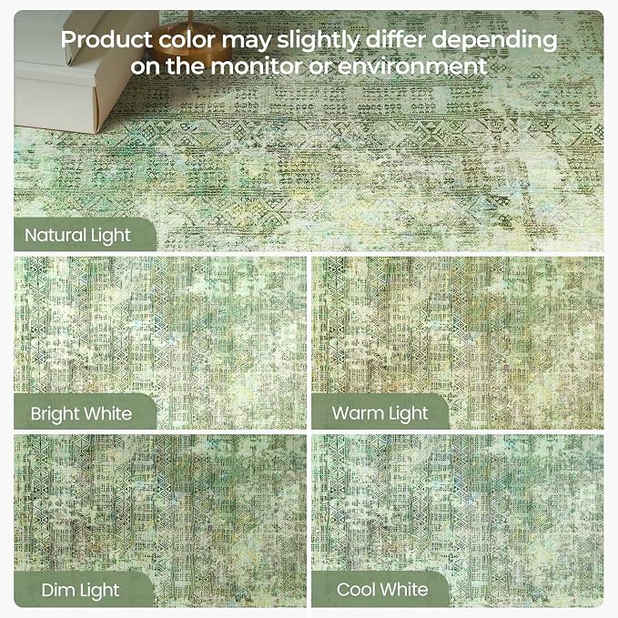 Kokia Abstract Green Area Rugs Washable Indoor 6x9 Rug Boho Distressed Retro Low Pile Non-Slip Non-Shedding Carpet Bedroom Living Room Dining Room, Sage Green