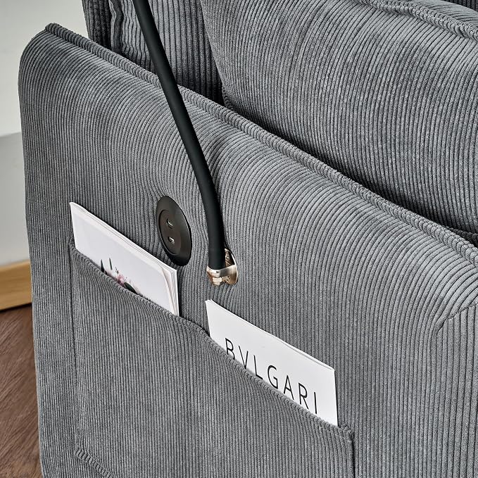 55" Modern Accent Chair with USB Ports, Storage Ottoman & Adjustable Holder, Corduroy Chaise Lounge for Reading in Apartment Living Room (Grey)