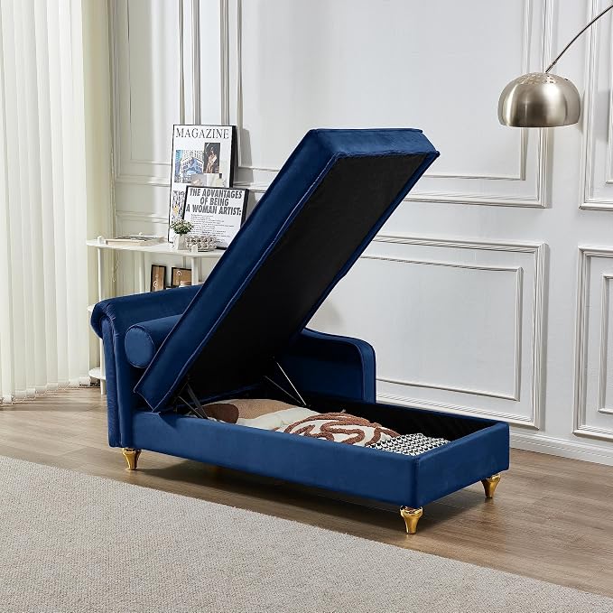60.6''Velvet Chaise Lounge Indoor, Modern Velvet Lounge Chair with Left Armrest & Lumbar Pillow,Button Tufted Lounge Sofa with Storage for Bedroom, Living Room and Office，Navy Blue
