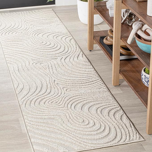 JONATHAN Y Maribo High-Low Abstract Striped Cream/Ivory 2x10 Indoor/Outdoor Runner Rug, Pet Friendly, Non-Shedding, Stain Resistant, Easy-Cleaning for Backyard, Patio (SCN103A-210)