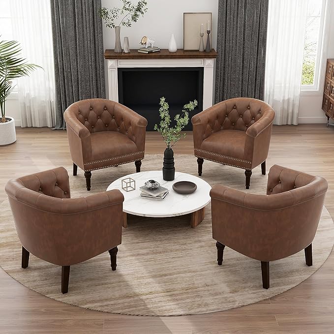 UIXE PU Leather Barrel Club Chairs Set of 6, Modern Arm Accnet Chair Comfy Upholstered Armchair, Nailhead Trim Living Room Single Sofa Reading Seat Bedroom Side Sitting for Office, Brown