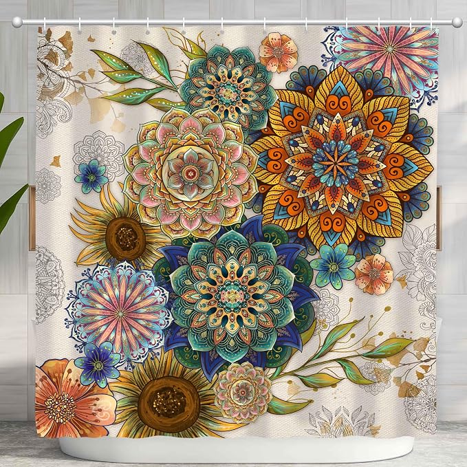 Mid Century Abstract Boho Aesthetic Shower Curtain Set, Green Nature Leaf Sun Modern Minimalist Home Bathroom Curtain Decor with 12 Hooks 72 Inch Wide * 72 Inch High