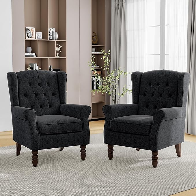 Mid-Century Modern Wingback Accent Chair - Luxe PU Faux Leather Upholstery with Solid Wood Legs, Ergonomic High Back Design - Water Resistant Living Room, Bedroom & Home Office Chair (Black)