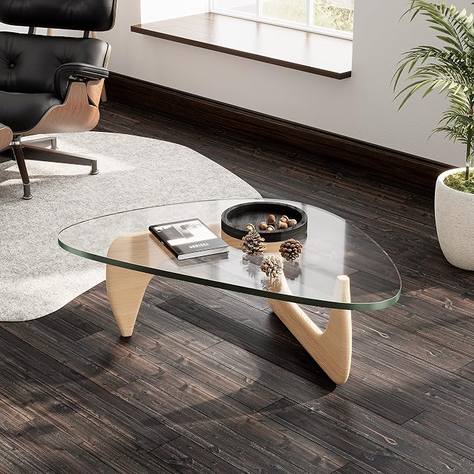 Triangle Glass Coffee Table, Mid-Century Modern Coffee Table, Solid Wood Base and Triangle Clear Glass Top Modern Table for Living Room, Office, Patio