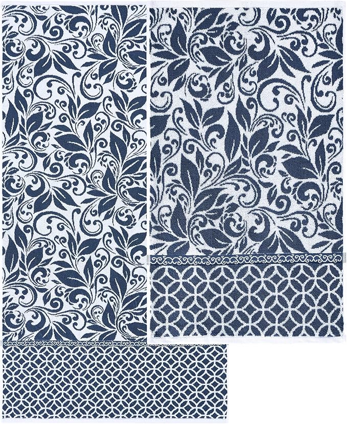 Modern Threads Trefoil Filigree 6-Piece 100% Cotton Towel Set – Reversible Yarn Dyed Jacquard – Includes 2 Bath Towels, 2 Hand Towels, 2 Washcloths – Absorbent, Quick Dry, Soft & Durable – Navy Blue